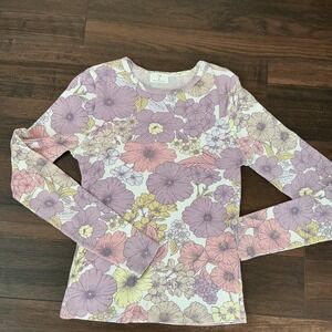 t.la Anthropologie Floral Ribbed Long Sleeve Top Purple Yellow Small Boho Tee